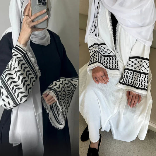 2024 New Soft Crepe Embroidery Palestine Kefiyyeh Abaya Ramadan Tassel Dubai Abaya Women Muslim Dress Modest Islamic Clothing